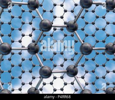 Computer illustrazione di un modello molecolare di due fogli di stanene che mostra la bassa allacciata struttura che è prevista da density functional theory (DFT) calcoli. Stanene ha una simile struttura a nido di grafene ma è composta da atomi di stagno. Con l'aggiunta di atomi di fluoro, si ritiene che essa possa raggiungere il cento per cento efficienza come un conduttore elettrico. La prima costruzione di stanene è stato raggiunto nel mese di agosto 2015, dai ricercatori in America e Cina. Foto Stock