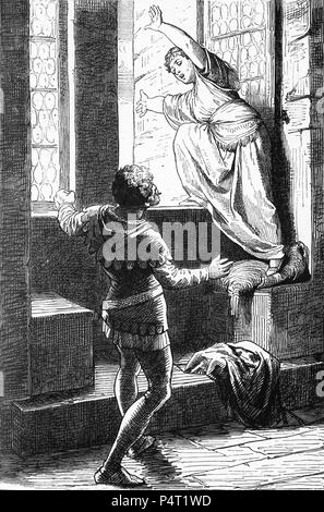 Incisione di una donna virtuosa che minacciano di getta fuori dalla finestra del castello piuttosto che presentare a un matrimonio tirannico. Da una copia illustrata di Ivanhoe, 1878. Foto Stock