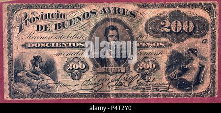 BILLETE DE 200 pesos ARGENTINOS - 1869. Posizione: MUSEO DE AMERICA-COLECCION, MADRID, Spagna. Foto Stock