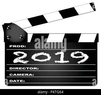 Un tipico film clapperboard con la legenda 2019 isolato su bianco. Illustrazione Vettoriale