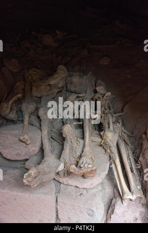 Scheletri di pellegrini sono memorizzati in un piccolo scavo adiacente alla chiesa di San Giorgio. Foto Stock
