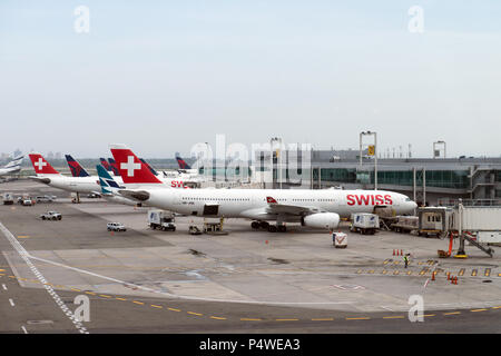 Delta Airlines e Swiss Airlines dell'aeroporto JFK Airport Terminal Foto Stock