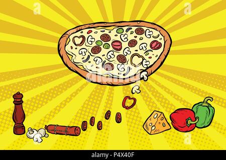 Pizza Ingredienti formaggio Salsiccia peperoni Funghi Illustrazione Vettoriale