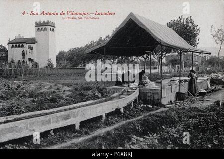 Tarjeta postale. Lavaderos públicos de Sant Antoni de Vilamajor. Años 1910. Foto Stock