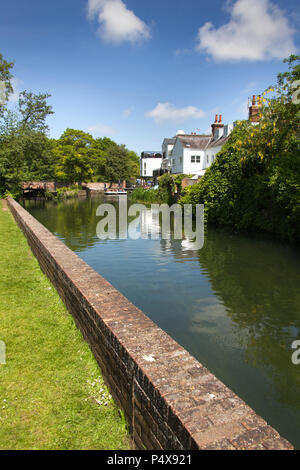 Città di Canterbury, Inghilterra. Vista estiva del grande Stour a Canterbury Abate del Mulino del giardino, con una gita punt in background. Foto Stock