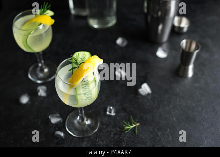 Il Gin fizz cocktail con limone, cetriolo, rosmarino e ghiaccio. Il gin tonic o succhiello su sfondo nero, copia dello spazio. Foto Stock