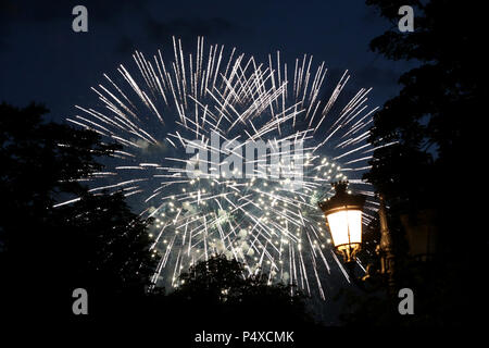 Fuochi d'artificio bianco nel parco con sagome di alberi e una lampada in primo piano. Foto Stock