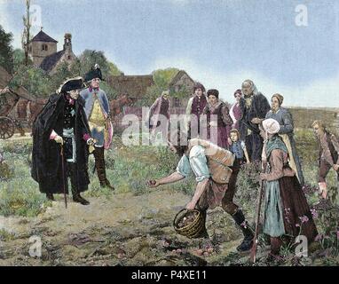 Federico il Grande (1712-1786), re di Prussia (1740-1786), visitando gli agricoltori che lavorano la loro terra. Incisione colorata di 1887 da Herve & Kirmse. Foto Stock