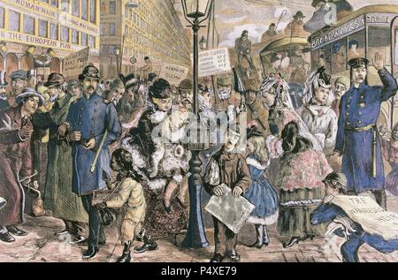 Stati Uniti. New York. Persone in Broadway Avenue. 1875. Incisione colorata. Foto Stock