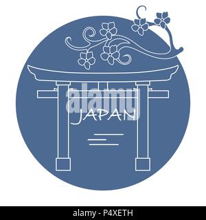 Ramo di fiori di ciliegio e torii, rituale cancelli. Giappone tradizionali elementi di design. Viaggi e tempo libero. Illustrazione Vettoriale