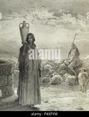 Il Vecchio Testamento. Libro della Genesi. Giacobbe nel suo zio Labano house e il padre dei suoi due mogli Lia e Rachele. Incisione di Gustave Dore. Xix secolo. Foto Stock