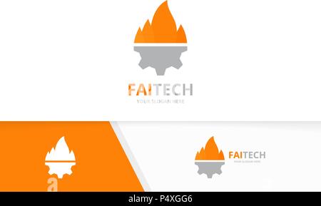 Vector fire e ingranaggio di combinazione di logo. Fiamma e meccanico di simbolo o icona. Torcia univoco e logotipo industriale Design modello. Illustrazione Vettoriale