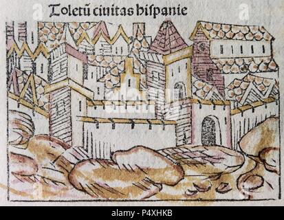 Toledo. Città spagnola. Incisione colorata da Franciscus Patricio. Pubblicato a Venezia nel 1489. Liber Chronicorum Vel di Temporibus. Foto Stock