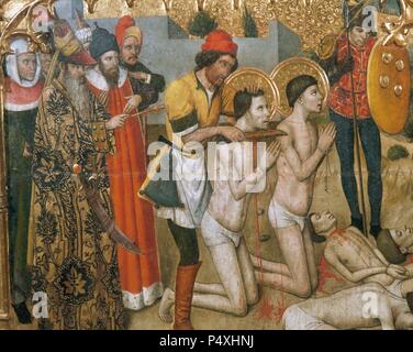 Arte Gotica. Xv secolo. Jaume Huguet (c. 1415-1492). Pittore catalano. Pala dei Santi Abdon e Senen (1460-1461). Particolare raffigurante la decapitazione dei Santi Cosma e Damiano. Scomparto di predella. Chiesa di Santa Maria di Terrassa. La Catalogna. Spagna. Foto Stock