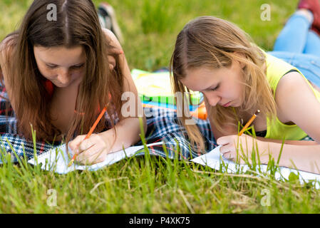 Due ragazze adolescenti. In estate la natura. Fare le lezioni nel notebook. Esse giacciono sull'erba su una coperta a strisce. Scrivere l'assegnazione nel notebook. Il concetto di istruzione scolastica in natura. Foto Stock