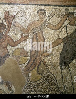 Mosaico romano raffigurante il dio Dioniso. Dettaglio del mosaico Incontro tra Arianna e Dioniso. Iv secolo. Anniboni. Museo Nazionale di Arte Romana. Merida. Spagna. Foto Stock