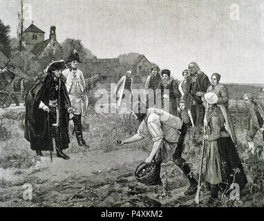 Federico il Grande (1712-1786), re di Prussia (1740-1786), visitando gli agricoltori che lavorano la loro terra. Incisione del 1887 da Herve & Kirmse. Foto Stock