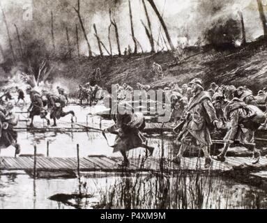 La prima guerra mondiale (1914-1918). L esercito francese attraversa il fiume Isere sul gateway improvvisata sotto il fuoco nemico (agosto 1917, Francia). Foto Stock