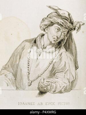 Jan Van Eyck (c. 1395-1441). Pittore fiammingo, considerato il fondatore della scuola di Bruges. Ritratto. Incisione. Foto Stock