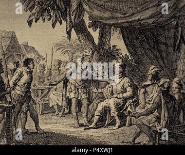 Canada (Nuova Francia). Il XVII secolo. Congresso di pace tra alcune nazioni indiane del Canada, presieduto da un governatore francese e un Iroquois, rappresentante in una confederazione di sei americano tribù di Indiani che abitano nord di New York e in Canada. Durante la conferenza, gli Indiani restituisce un prigioniero francese. Incisione, 1807. Foto Stock