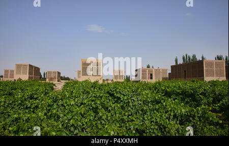 Uva di capanne di essiccazione noti come chunche, Turpan, Xinjiang, Cina Foto Stock