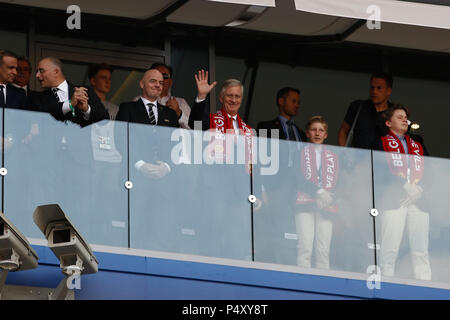 Mosca, Russia. Il 23 giugno, 2018. Gianni Infantino e Filpe re del Belgio durante il gioco tra il Belgio e la Tunisia, valida per il secondo turno del gruppo G del 2018 World Cup svoltasi a Spartak Stadium. Credito: Thiago Bernardes/Pacific Press/Alamy Live News Foto Stock