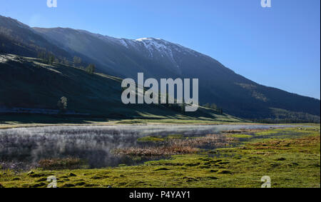 La nebbia al Lago Yaze, Kanas Lake National Park, Xinjiang, Cina Foto Stock