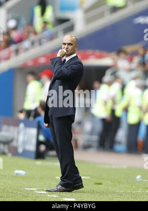 Mosca, Russia. Il 23 giugno, 2018. Head Coach Roberto Martinez del Belgio reagisce durante il 2018 Coppa del Mondo FIFA Gruppo G match tra il Belgio e la Tunisia a Mosca, in Russia, 23 giugno 2018. Il Belgio ha vinto 5-2. Credito: Cao può/Xinhua/Alamy Live News Foto Stock