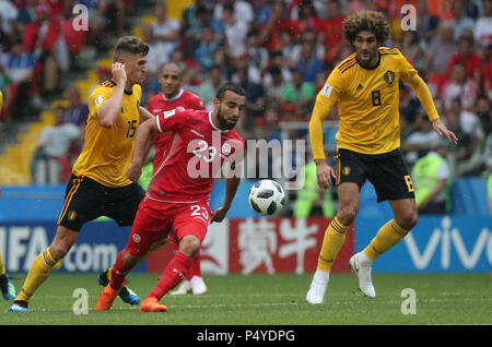 Mosca, Russia. Il 23 giugno 2018. NAIM SLITI, Marouane Fellaini in azione durante la Coppa del Mondo FIFA Russia 2018, gruppo C, la partita di calcio tra Belgio V TUNISIA in SPARTAK STADIUM di Mosca Stadium Credito: marco iacobucci/Alamy Live News Foto Stock