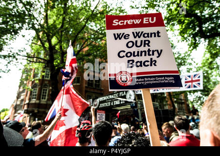 London, Londra, Regno Unito. Il 23 giugno, 2018. Un poster Pro-Brexit.UK Unità e libertà marzo è stata una celebrazione del voto di lasciare l'Unione europea. Credito: Brais G. Rouco/SOPA Immagini/ZUMA filo/Alamy Live News Foto Stock