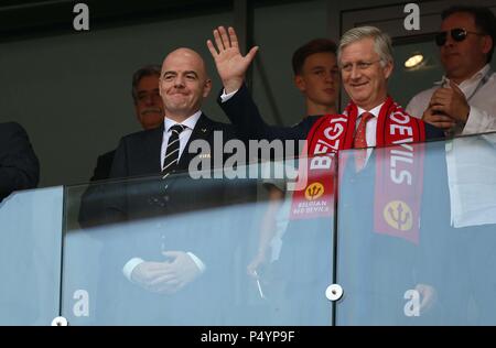 Mosca, Russia. Il 23 giugno, 2018. 23.06.2018. Mosca, Russia:Presidente Fifa Infantino con il re del Belgio Philippe per la Coppa del Mondo FIFA Russia 2018, gruppo C, la partita di calcio tra Belgio V TUNISIA in SPARTAK STADIUM di Mosca Stadium Credit: Indipendente Agenzia fotografica/Alamy Live News Foto Stock