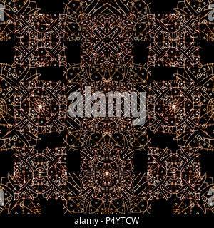 Arte digitale tecnica ornati geometrici o etnici e tribali astratti intricato modello senza cuciture in colori caldi e sfondo nero Foto Stock
