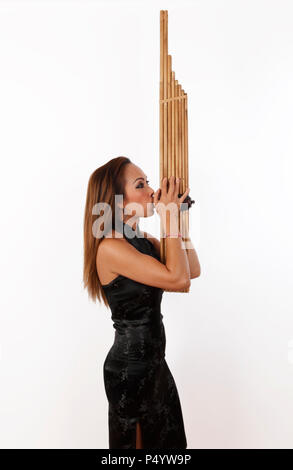 Lao Khaen armonica a bocca. Strumento Reed (Thai/Laos) Il bambù fatti a mano- Pan tubi dalla Thailandia. Foto Stock