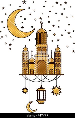 Il castello arabo con la luna e la decorazione appesa nella notte Illustrazione Vettoriale