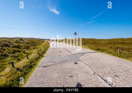 Germania, Schleswig-Holstein, Sylt, vuoto road, segno di traffico di attraversamento del bestiame Foto Stock