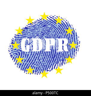 Il PILR concetto illustrazione. con impronta digitale, stelle europee e generale della protezione dei dati il regolamento sigla come un simbolo di protezione della privacy. Foto Stock