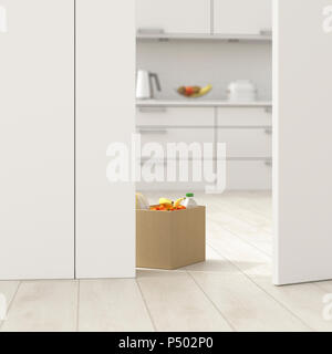 Scatola di cartone con negozi di generi alimentari in cucina dietro la porta in posizione socchiusa, rendering 3D Foto Stock