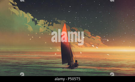 Barca a vela in mare con la luce del sole serale, arte digitale stile, illustrazione pittura Foto Stock