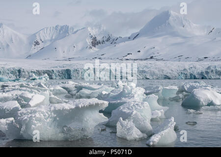 Norvegia Isole Svalbard, Spitsbergen, area Hornsund, Isbjornhamna. Iceberg riempito bay con ghiacciaio in distanza. Foto Stock