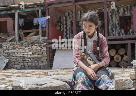 Una ragazza di Himachal Pradesh ha un bambino orfano baby scimmia che si siede con nel suo villaggio fuori Kasol, India, in una fresca estate nel pomeriggio. Foto Stock