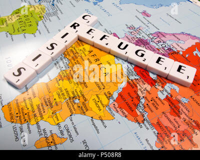 Rappresentazione della crisi di rifugiati di persone in fuga nel Nord Africa in Europa continentale, Foto Stock