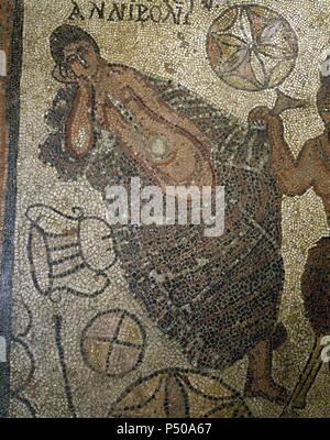 Mosaico romano raffigurante Arianna addormentata. Dettaglio del mosaico Incontro tra Arianna e Dioniso. Iv secolo. Anniboni. Museo Nazionale di Arte Romana. Merida. Spagna. Foto Stock