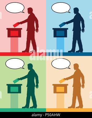 Elettore maschio sagome con colore diverso discorso bolla votando per elezione. Tutti gli oggetti di silhouette e gli sfondi sono in diversi strati Illustrazione Vettoriale