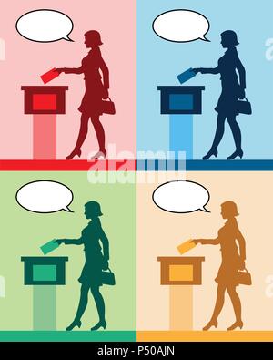 Elettore femmina con sagome colorate differenti discorso bolla votando per elezione. Tutti gli oggetti di silhouette e gli sfondi sono in diversi laye Illustrazione Vettoriale