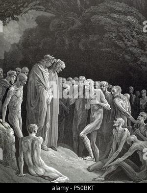 "LA DIVINA COMEDIA". Poema escrito en toscano donde se relata el viaje de su autor, DANTE ALIGHIERI, para llegar a la CONTEMPLACION DIVINA. 'MOSTRABAN ADMIRACION AL SABER QUE ESTABA VIVO" (Purgatorio, c. XXIV). Grabado de Gustave DORE. Foto Stock