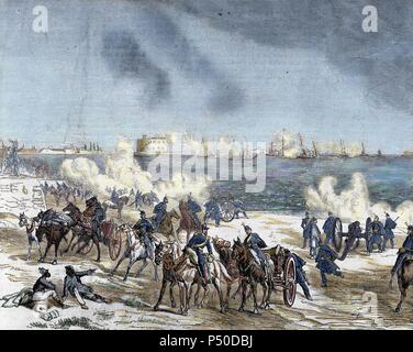 Stati Uniti. La guerra civile americana (1861-1865). Le batterie nell'esercito federale dalle sponde del fiume James, dando il segnale ravvicinamento delle Merrimac e due piroscafi confederati. Incisione colorata. Foto Stock