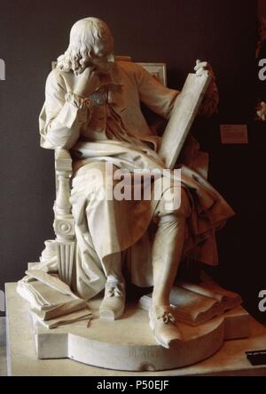 Blaise Pascal (1623-1662). Matematico, fisico e filosofo francese. Pascal studiando la cicloide (1785). Scultura di Augustin Pajou. Il museo del Louvre. Parigi. La Francia. Foto Stock