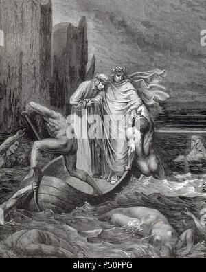 "LA DIVINA COMEDIA". Poema escrito en toscano donde se relata el viaje de su autor, DANTE ALIGHIERI, para llegar a la CONTEMPLACION DIVINA. "POR LO QUE EL PRUDENTE MAESTRO LE DETUVO, RECHAZANDOLE' (Infierno, c. VIII). Grabado de Gustavo DORE. Foto Stock