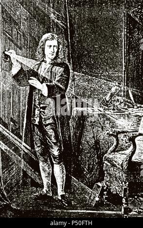 Isaac Newton (1643-1727). Fisico inglese, matematico, astronomo, filosofo naturale, alchimista e teologo. Newton di lavoro sulla natura della luce. Foto Stock