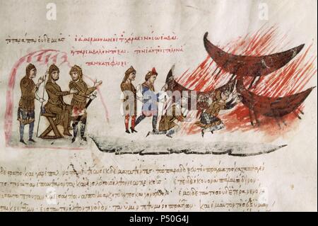 John Skylitzes. Sinossi di storie. I Saraceni sbarcati a Creta. Codex del XII secolo. Biblioteca nazionale. Madrid. Spagna. Foto Stock